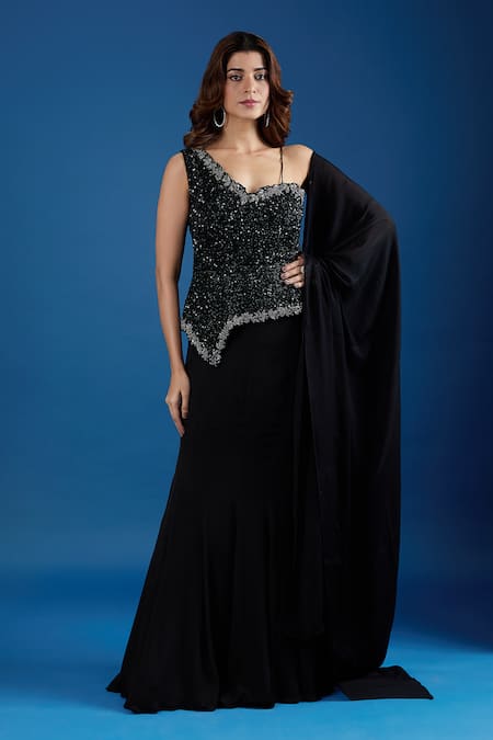 Samyukta Singhania_Black Chinon Sequins, Embroidery Asymmetric Blouse And Skirt Set _at_Aza_Fashions