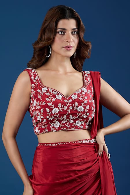 Buy Samyukta Singhania Red Chinon Embroidery, Sequins Leaf Neck Blouse With Pre-draped Saree Online at Aza Fashions Buy_Samyukta Singhania_Red Chinon Embroidery, Sequins Leaf Neck Blouse With Pre-draped Saree _Online_at_Aza_Fashions