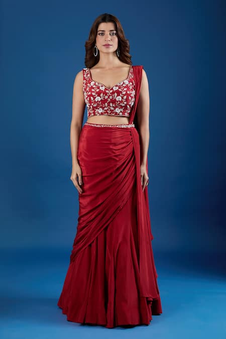 Shop Samyukta Singhania Red Chinon Embroidery, Sequins Leaf Neck Blouse With Pre-draped Saree Online at Aza Fashions Shop_Samyukta Singhania_Red Chinon Embroidery, Sequins Leaf Neck Blouse With Pre-draped Saree _Online_at_Aza_Fashions