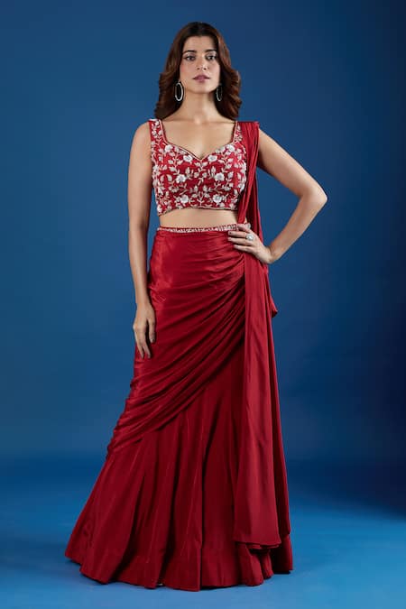 Samyukta Singhania Red Chinon Embroidery, Sequins Leaf Neck Blouse With Pre-draped Saree at Aza Fashions Samyukta Singhania_Red Chinon Embroidery, Sequins Leaf Neck Blouse With Pre-draped Saree _at_Aza_Fashions