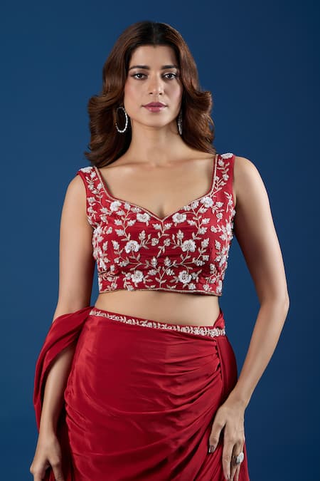 Buy Samyukta Singhania Red Chinon Embroidery, Sequins Leaf Neck Blouse With Pre-draped Saree Buy_Samyukta Singhania_Red Chinon Embroidery, Sequins Leaf Neck Blouse With Pre-draped Saree