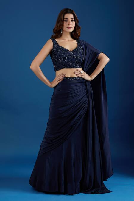 Buy_Samyukta Singhania_Blue Chinon Embroidery, Sequins Leaf Neck Blouse With Pre-draped Saree _Online_at_Aza_Fashions
