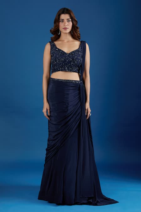 Samyukta Singhania_Blue Chinon Embroidery, Sequins Leaf Neck Blouse With Pre-draped Saree _at_Aza_Fashions