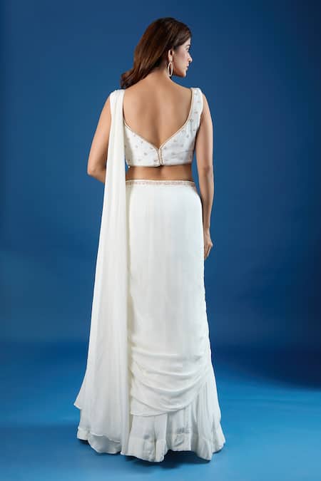 Samyukta Singhania_Ivory Chinon Cut Work, Sequins Leaf Embroidered Blouse With Pre-draped Saree _Online_at_Aza_Fashions