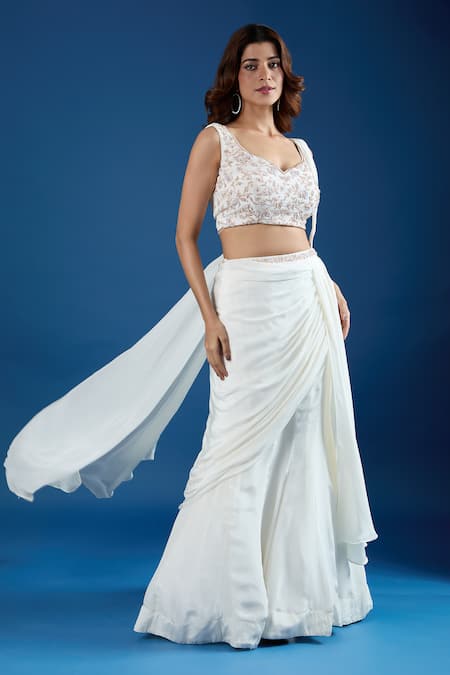 Buy_Samyukta Singhania_Ivory Chinon Cut Work, Sequins Leaf Embroidered Blouse With Pre-draped Saree _Online_at_Aza_Fashions