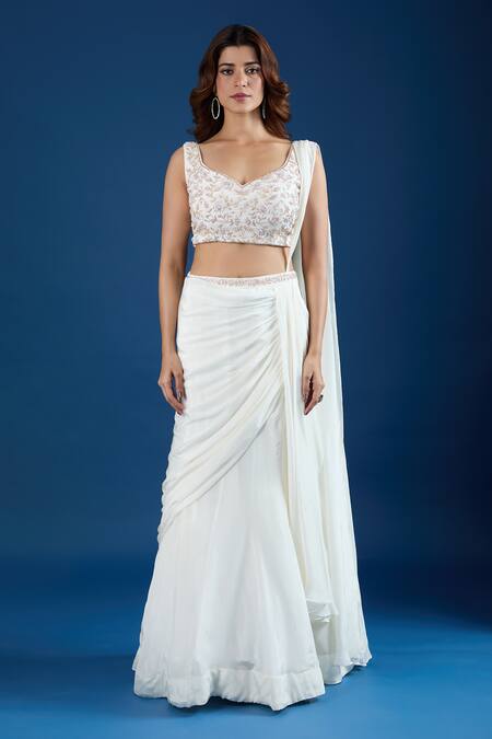 Shop_Samyukta Singhania_Ivory Chinon Cut Work, Sequins Leaf Embroidered Blouse With Pre-draped Saree _Online_at_Aza_Fashions