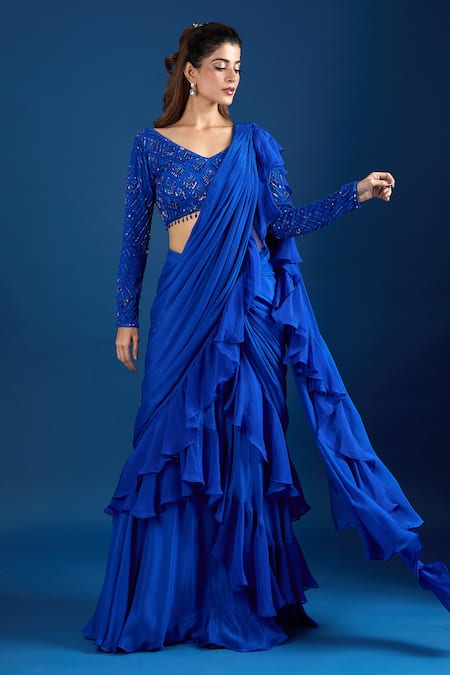 Buy_Samyukta Singhania_Blue Chinon Embroidery V-neck Blouse With Ruffled Pre-draped Saree _Online_at_Aza_Fashions