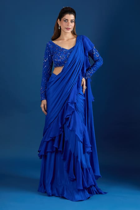Samyukta Singhania Embroidered Blouse With Ruffled Pre-Draped Saree 