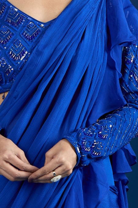 Samyukta Singhania_Blue Chinon Embroidery V-neck Blouse With Ruffled Pre-draped Saree _at_Aza_Fashions
