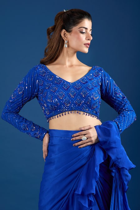 Buy_Samyukta Singhania_Blue Chinon Embroidery V-neck Blouse With Ruffled Pre-draped Saree 