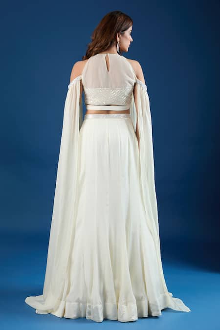 Samyukta Singhania_Ivory Chinon Embroidery Keyhole Neck Blouse And Skirt Set _Online_at_Aza_Fashions