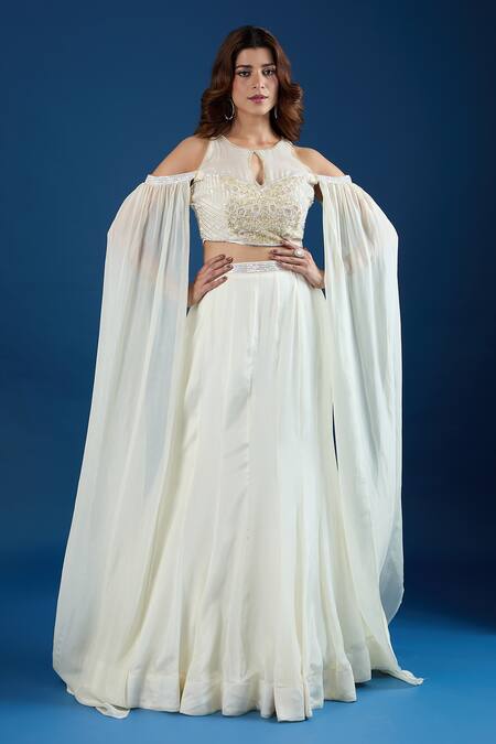 Shop_Samyukta Singhania_Ivory Chinon Embroidery Keyhole Neck Blouse And Skirt Set _Online_at_Aza_Fashions