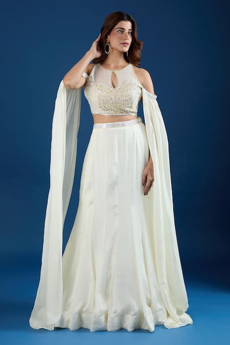 Samyukta Singhania_Ivory Chinon Embroidery Keyhole Neck Blouse And Skirt Set _at_Aza_Fashions