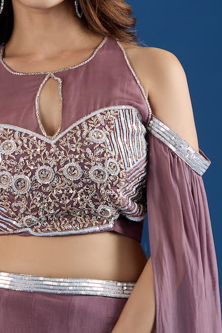 Shop_Samyukta Singhania_Pink Chinon Sequins, Embroidery Keyhole Neck Asymmetric Blouse And Skirt Set _Online_at_Aza_Fashions