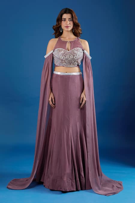 Samyukta Singhania_Pink Chinon Sequins, Embroidery Keyhole Neck Asymmetric Blouse And Skirt Set _at_Aza_Fashions