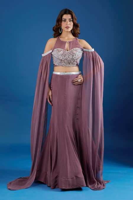 Shop_Samyukta Singhania_Pink Chinon Sequins, Embroidery Keyhole Neck Asymmetric Blouse And Skirt Set 