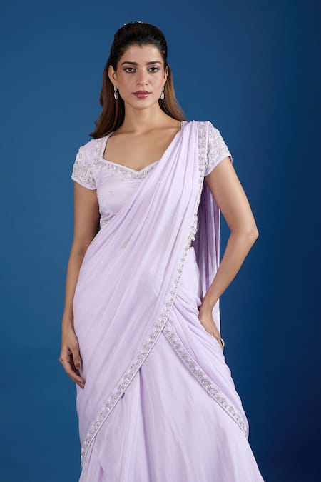 Buy_Samyukta Singhania_Lilac Chinon Sequins Square Neck Embroidered Blouse With Pre-draped Saree _Online_at_Aza_Fashions