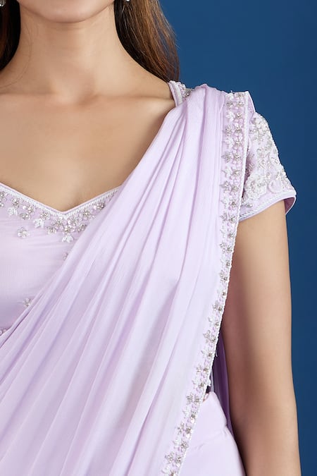 Shop_Samyukta Singhania_Lilac Chinon Sequins Square Neck Embroidered Blouse With Pre-draped Saree _Online_at_Aza_Fashions