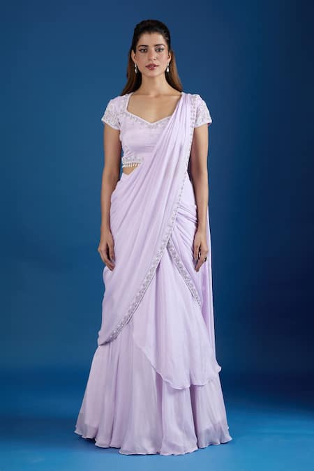 Buy_Samyukta Singhania_Lilac Chinon Sequins Square Neck Embroidered Blouse With Pre-draped Saree 