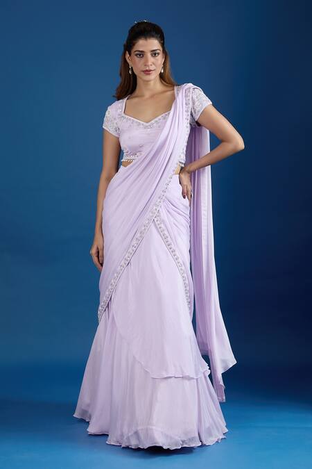 Shop_Samyukta Singhania_Lilac Chinon Sequins Square Neck Embroidered Blouse With Pre-draped Saree 