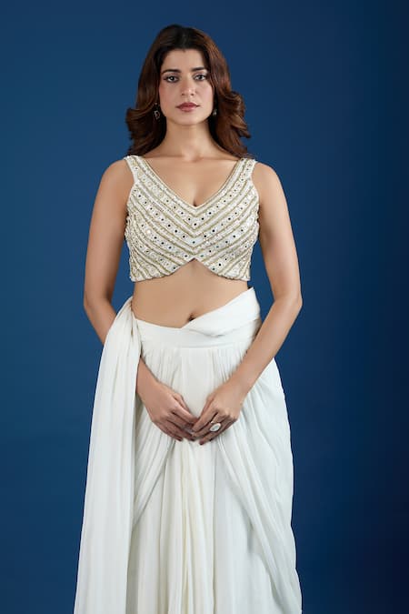 Buy_Samyukta Singhania_Ivory Chinon Embroidery, Mirrors V-neck Blouse With Pre-draped Saree 