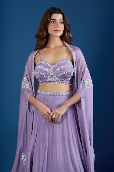Buy Samyukta Singhania Lilac Chinon Sequins, Embroidery Open , Sweetheart Cape And Skirt Set Buy_Samyukta Singhania_Lilac Chinon Sequins, Embroidery Open , Sweetheart Cape And Skirt Set