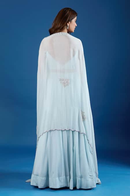 Samyukta Singhania_Blue Chinon Embroidery, Sequins Sweetheart , Open Cape And Skirt Set _Online_at_Aza_Fashions