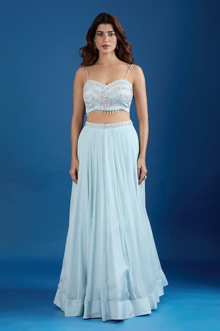 Buy_Samyukta Singhania_Blue Chinon Embroidery, Sequins Sweetheart , Open Cape And Skirt Set 