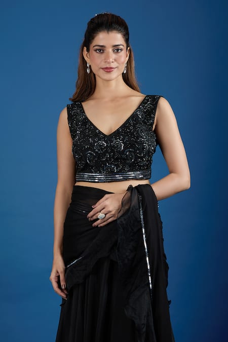 Shop_Samyukta Singhania_Black Chinon Embroidery, Sequins V-neck Blouse With Pre-draped Saree _Online_at_Aza_Fashions