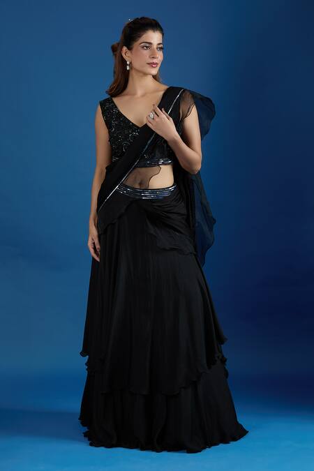 Samyukta Singhania_Black Chinon Embroidery, Sequins V-neck Blouse With Pre-draped Saree _at_Aza_Fashions