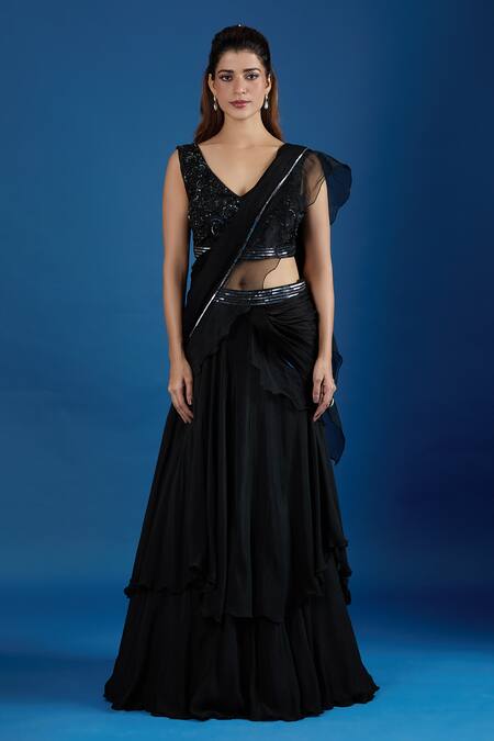 Buy_Samyukta Singhania_Black Chinon Embroidery, Sequins V-neck Blouse With Pre-draped Saree 