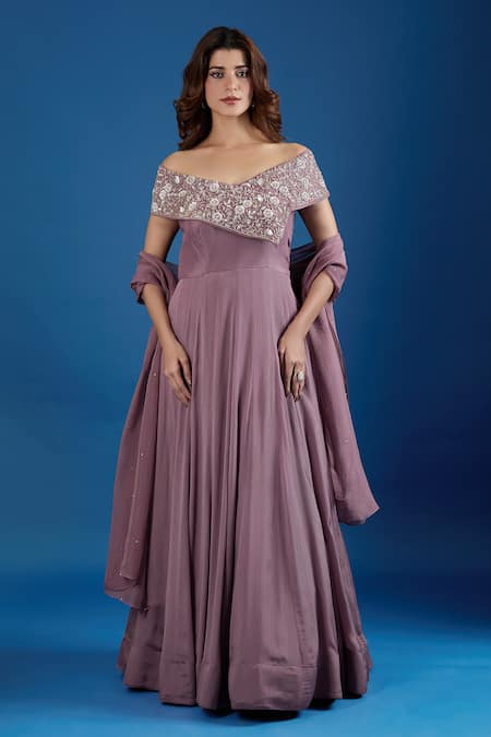 Shop_Samyukta Singhania_Pink Chinon Embroidery, Sequins Off-shoulder Asymmetric Gown _Online_at_Aza_Fashions
