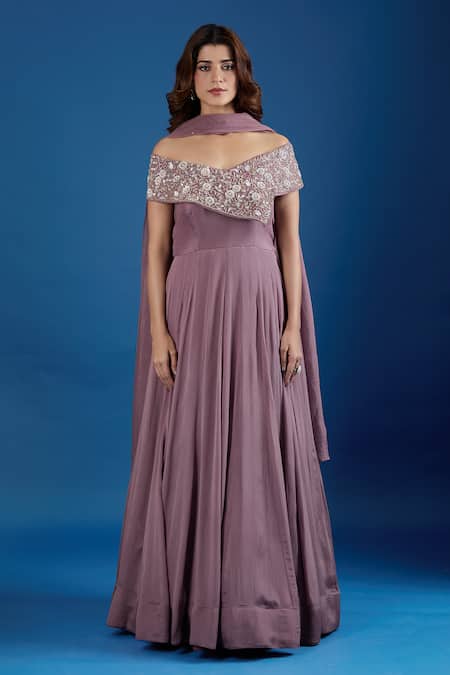 Samyukta Singhania_Pink Chinon Embroidery, Sequins Off-shoulder Asymmetric Gown _at_Aza_Fashions