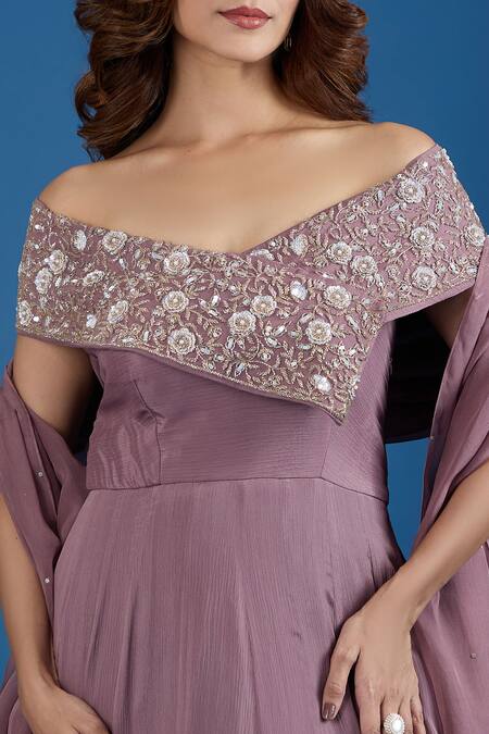 Shop_Samyukta Singhania_Pink Chinon Embroidery, Sequins Off-shoulder Asymmetric Gown 