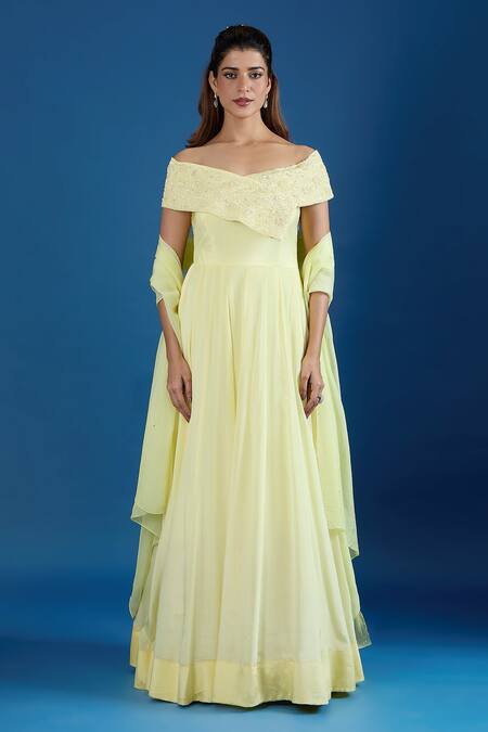 Buy_Samyukta Singhania_Yellow Chinon Cut Work, Sequins Off-shoulder Asymmetric Embroidered Gown _Online_at_Aza_Fashions