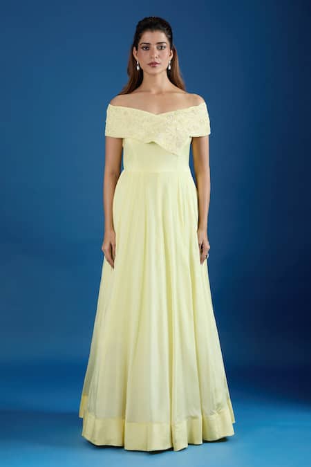 Shop_Samyukta Singhania_Yellow Chinon Cut Work, Sequins Off-shoulder Asymmetric Embroidered Gown _Online_at_Aza_Fashions
