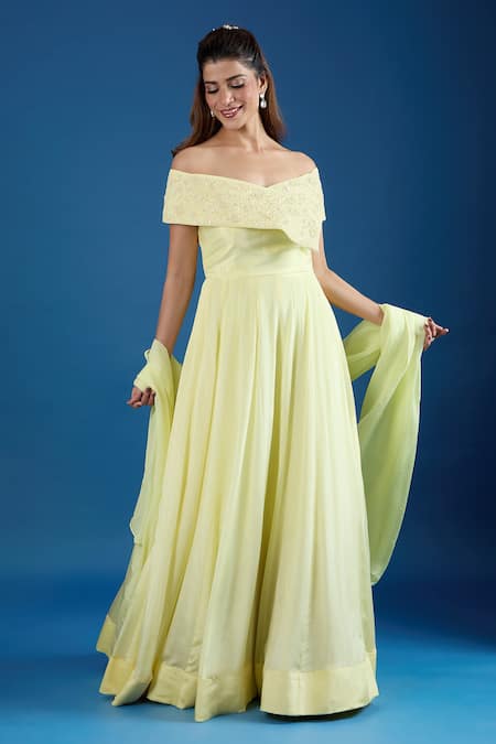 Samyukta Singhania Yellow Chinon Cut Work, Sequins Off-shoulder Asymmetric Embroidered Gown 