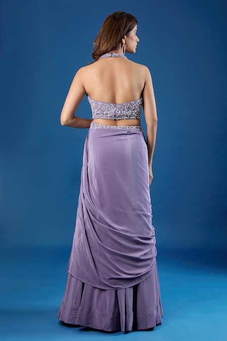 Samyukta Singhania_Purple Chinon Sequins, Embroidery Halter Neck Blouse And Skirt Set _Online_at_Aza_Fashions