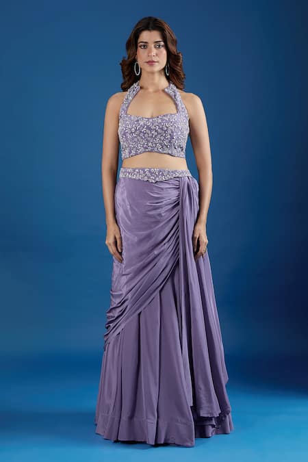 Buy_Samyukta Singhania_Purple Chinon Sequins, Embroidery Halter Neck Blouse And Skirt Set _Online_at_Aza_Fashions