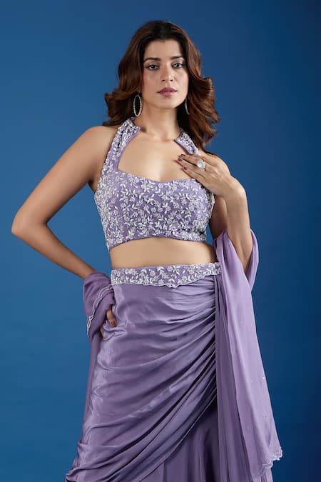 Buy_Samyukta Singhania_Purple Chinon Sequins, Embroidery Halter Neck Blouse And Skirt Set 