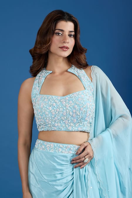 Buy_Samyukta Singhania_Blue Chinon Embroidery, Sequins Halter Neck Blouse And Skirt Set _Online_at_Aza_Fashions