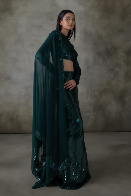 Premya By Manishii_Green Organza Sequins, Embroidery Round Neck Work Lehenga Set _Online_at_Aza_Fashions
