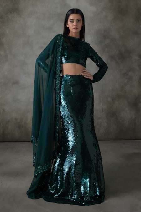 Premya By Manishii Green Organza Sequins, Embroidery Round Neck Work Lehenga Set