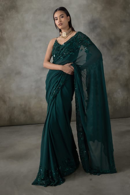 Premya By Manishii_Green Georgette Sequins, Embroidery Halter Neck Hand Saree With Blouse _Online_at_Aza_Fashions