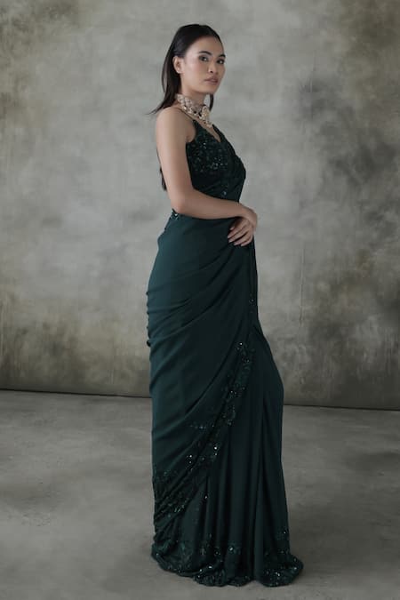 Buy_Premya By Manishii_Green Georgette Sequins, Embroidery Halter Neck Hand Saree With Blouse _Online_at_Aza_Fashions