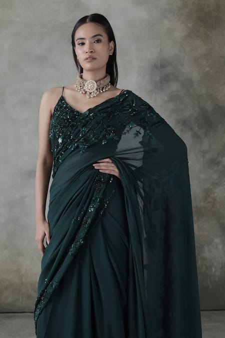 Shop_Premya By Manishii_Green Georgette Sequins, Embroidery Halter Neck Hand Saree With Blouse _Online_at_Aza_Fashions