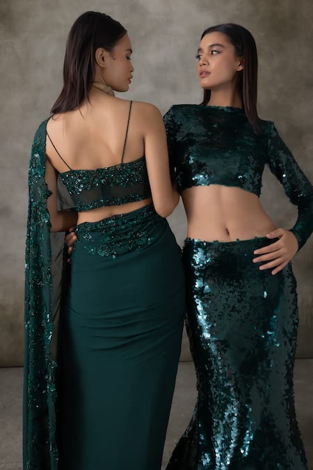 Premya By Manishii_Green Georgette Sequins, Embroidery Halter Neck Hand Saree With Blouse _at_Aza_Fashions