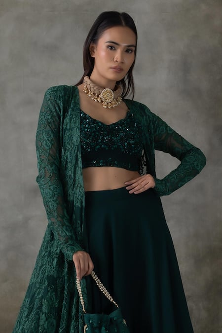 Premya By Manishii Green Lace, Georgette Embroidery Open Neck, Hand Jacket Lehenga Set Online at Aza Fashions Premya By Manishii_Green Lace, Georgette Embroidery Open Neck, Hand Jacket Lehenga Set _Online_at_Aza_Fashions
