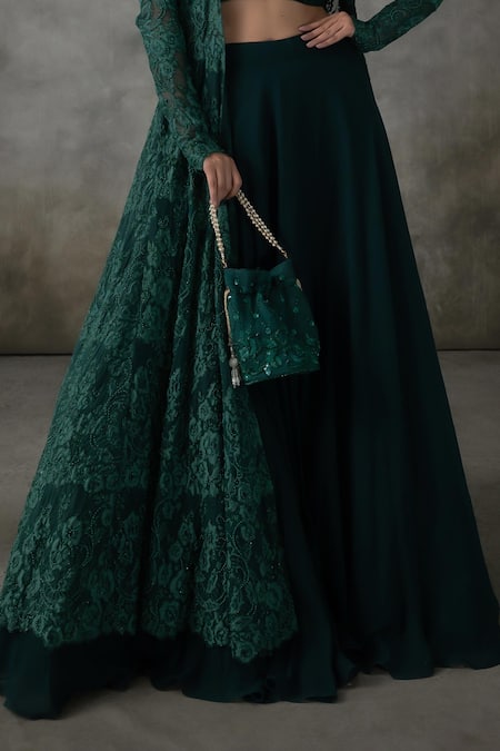 Buy Premya By Manishii Green Lace, Georgette Embroidery Open Neck, Hand Jacket Lehenga Set Online at Aza Fashions Buy_Premya By Manishii_Green Lace, Georgette Embroidery Open Neck, Hand Jacket Lehenga Set _Online_at_Aza_Fashions