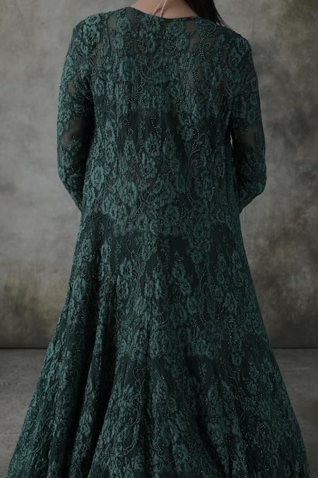 Shop Premya By Manishii Green Lace, Georgette Embroidery Open Neck, Hand Jacket Lehenga Set Online at Aza Fashions Shop_Premya By Manishii_Green Lace, Georgette Embroidery Open Neck, Hand Jacket Lehenga Set _Online_at_Aza_Fashions